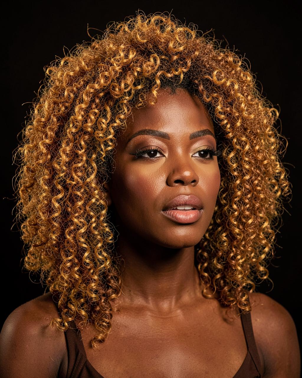 Model with warm honey-blonde coloured textured curls