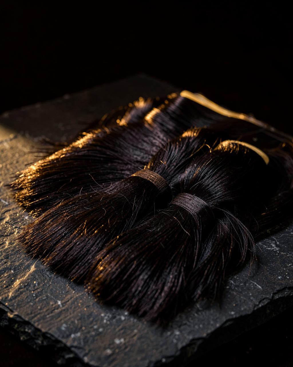 Bundles of textured hair extensions on a dark surface