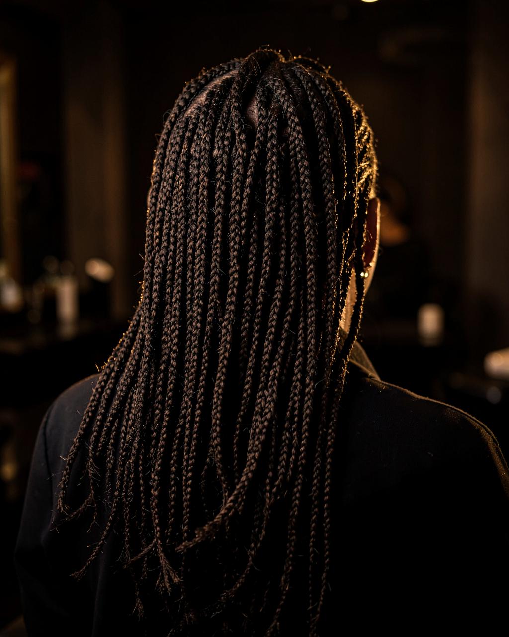 Long locs styled and viewed from behind