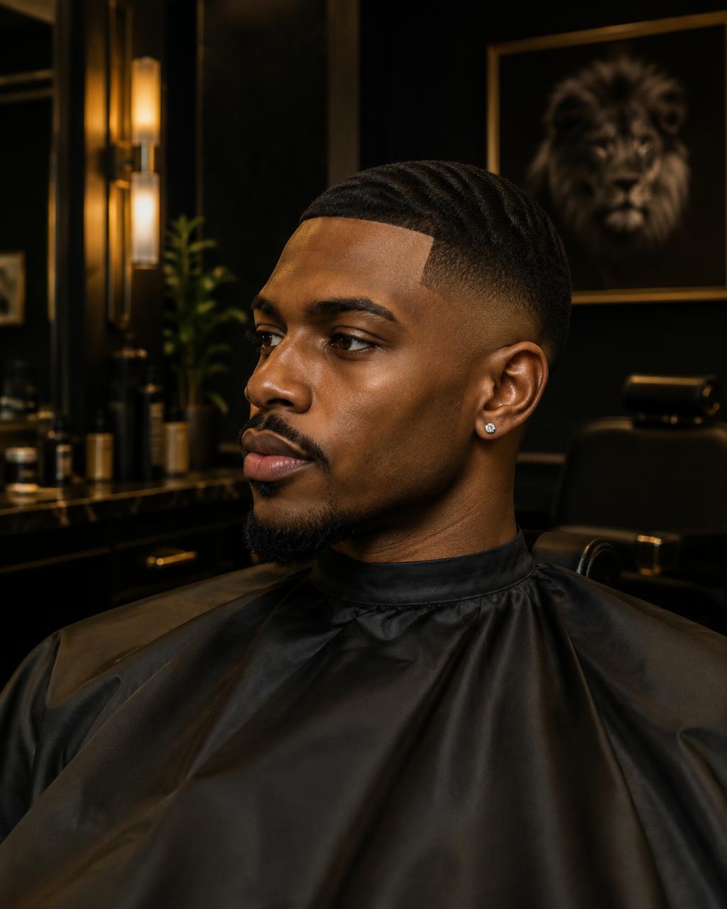 Man with a sharp fresh fade haircut in a salon chair