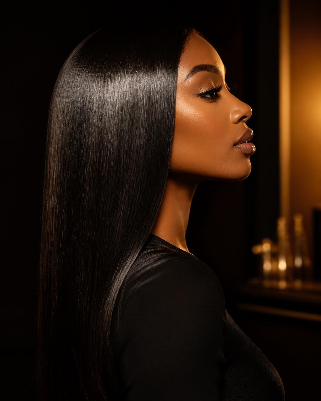 Glossy silk-pressed straightened hair
