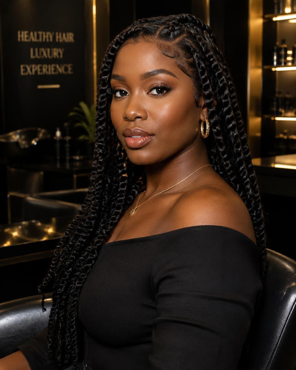 Woman with long two-strand twists styled in a salon
