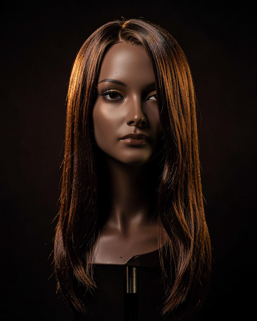 Styled long wig displayed on a mannequin head